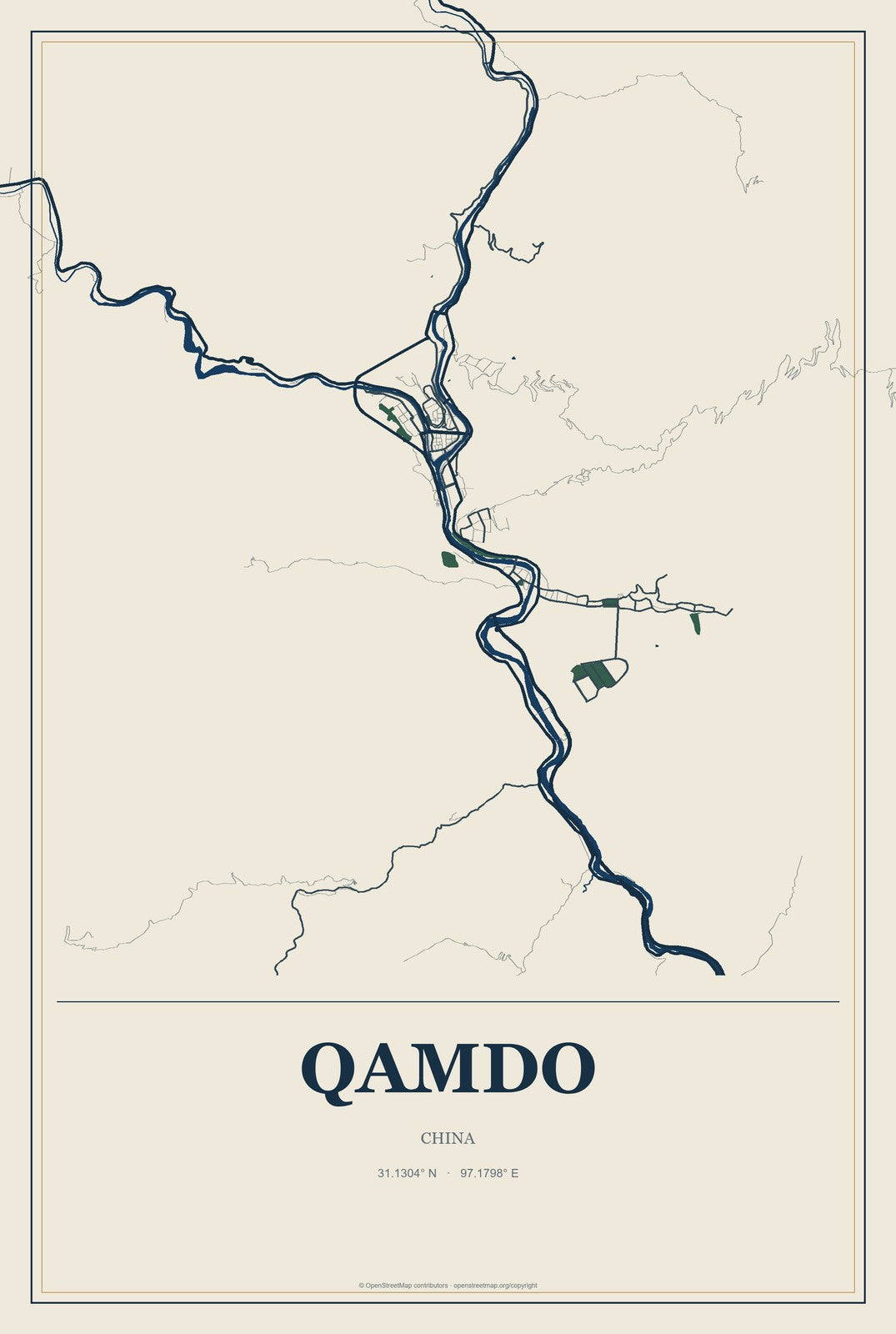Qamdo, China City Map Aluminum Sign in Coastal Cutout style