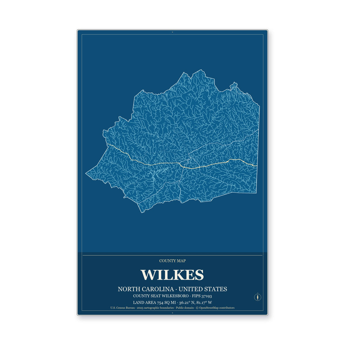 Wilkes County, North Carolina Map Aluminum Sign in Harbor Cobalt style