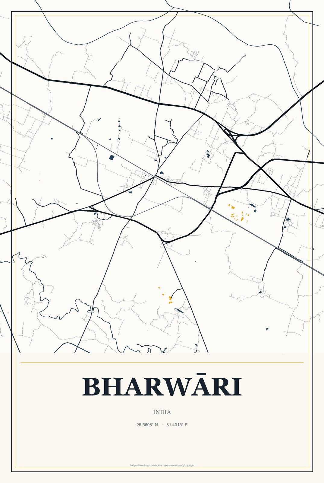 Bharwāri, India City Map Aluminum Sign in Citrine Modern style