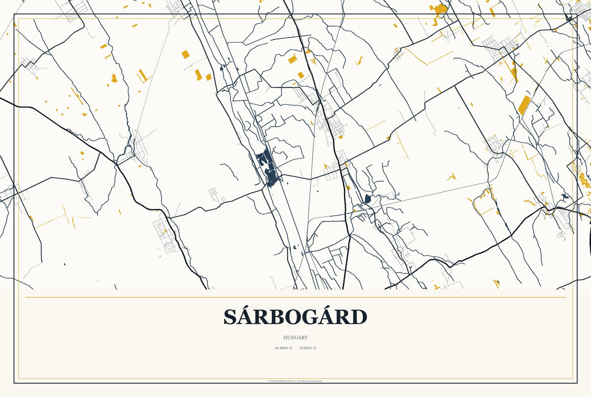 Sárbogárd, Hungary City Map Aluminum Sign in Citrine Modern style
