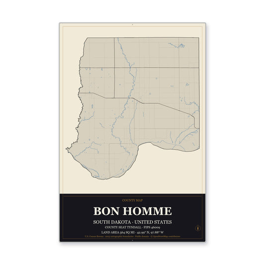 Bon Homme County, South Dakota Map Aluminum Sign in Museum Plaque style