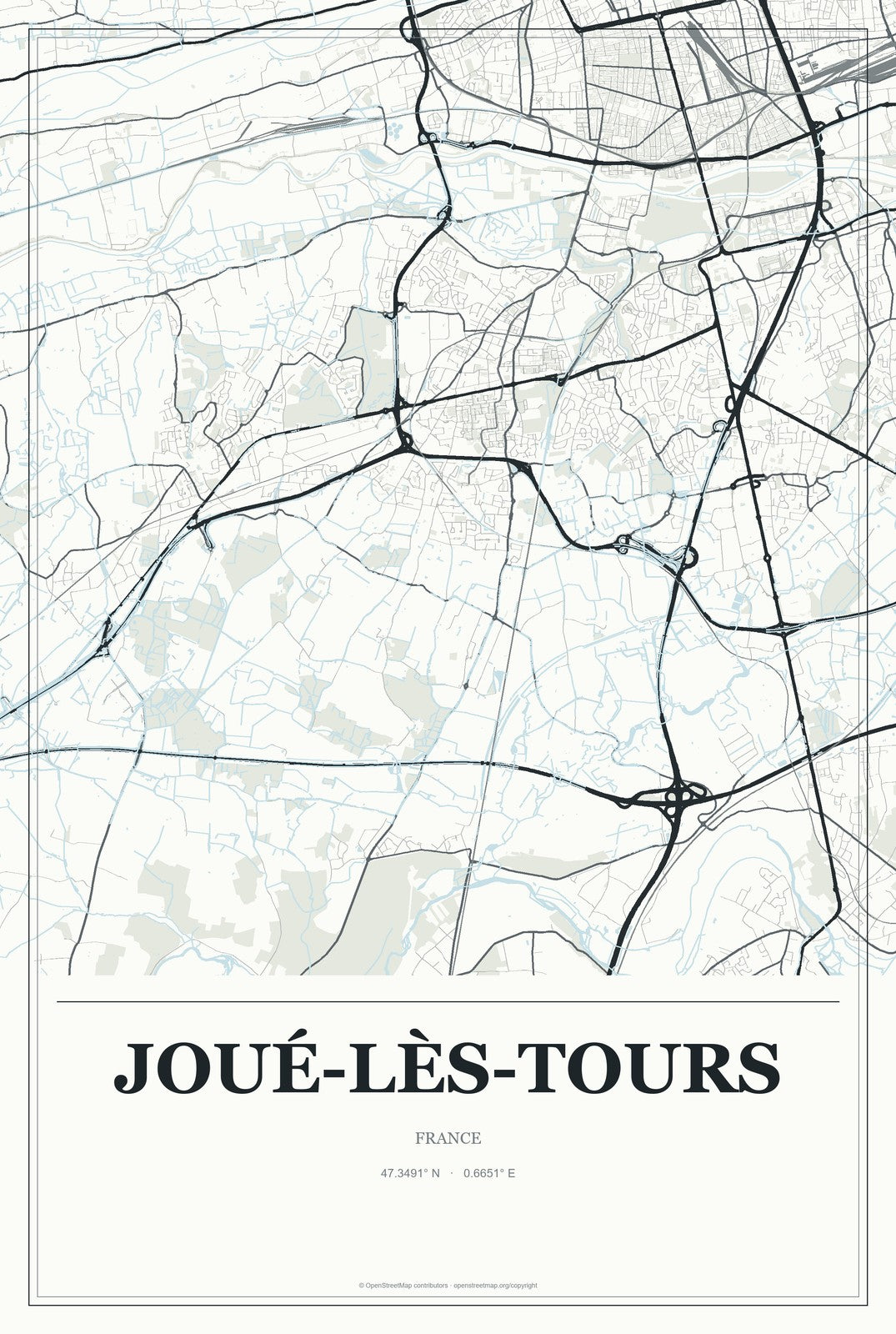 Joué-lès-Tours, France City Map Aluminum Sign in Gallery Air style