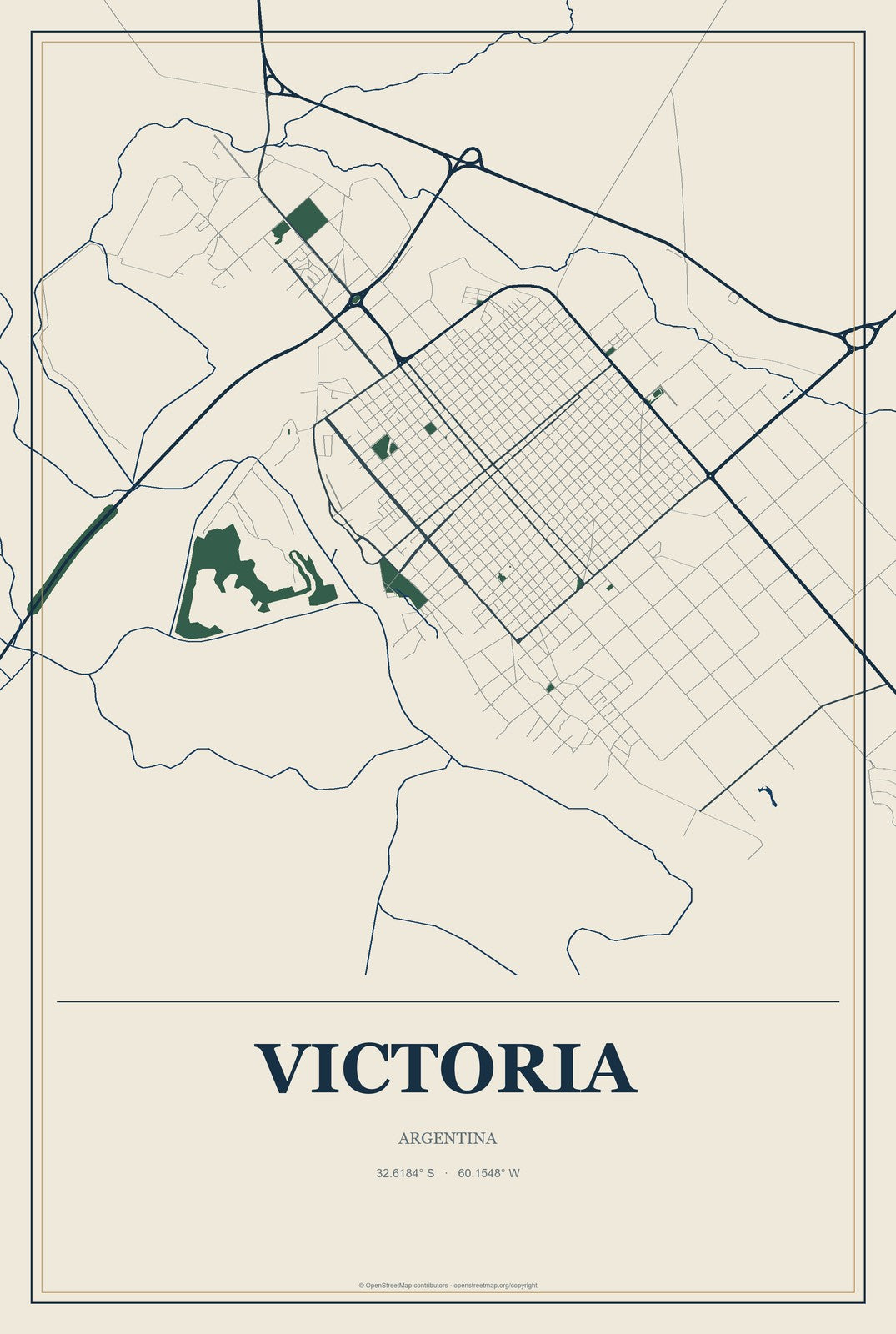 Victoria, Argentina City Map Aluminum Sign in Coastal Cutout style