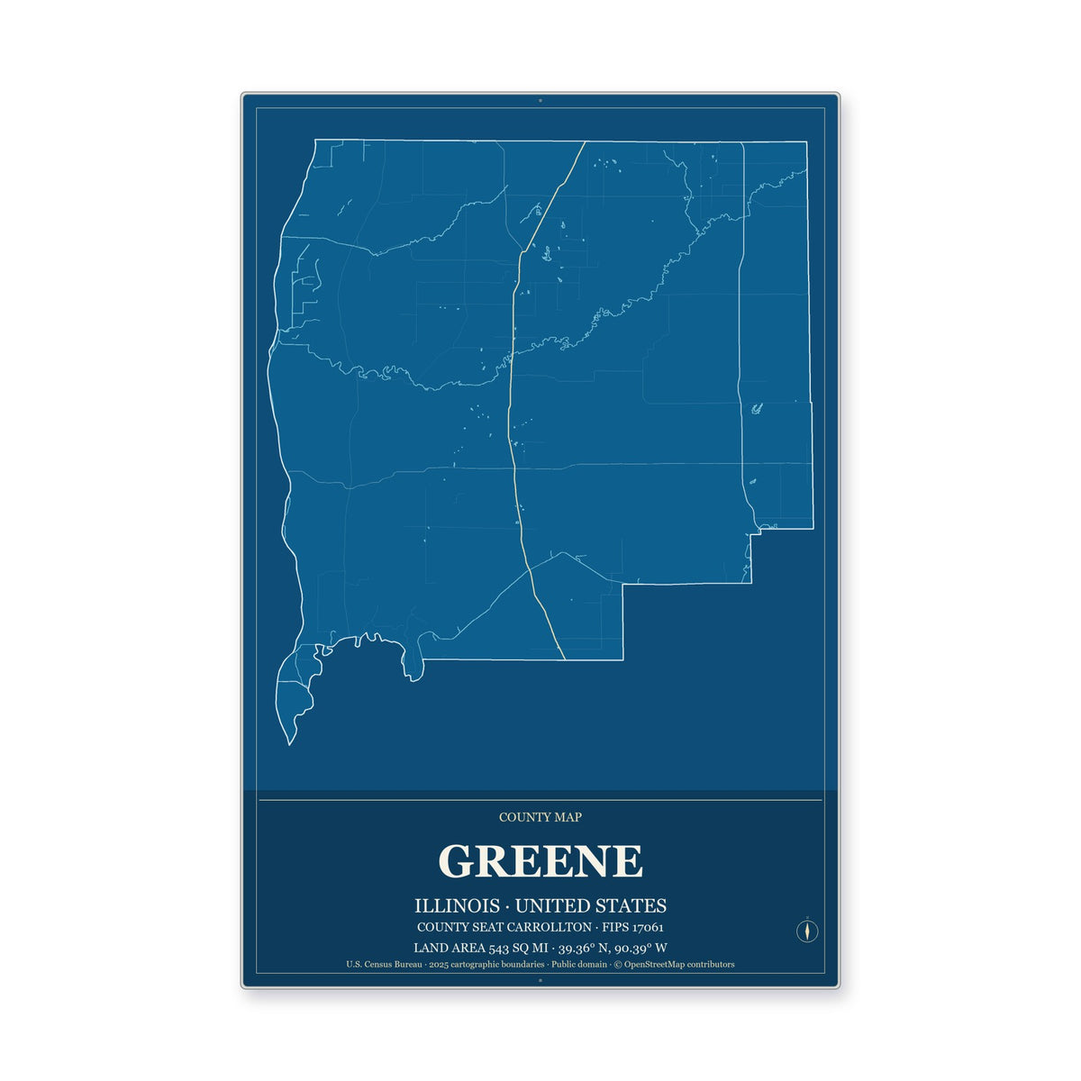 Greene County, Illinois Map Aluminum Sign in Harbor Cobalt style