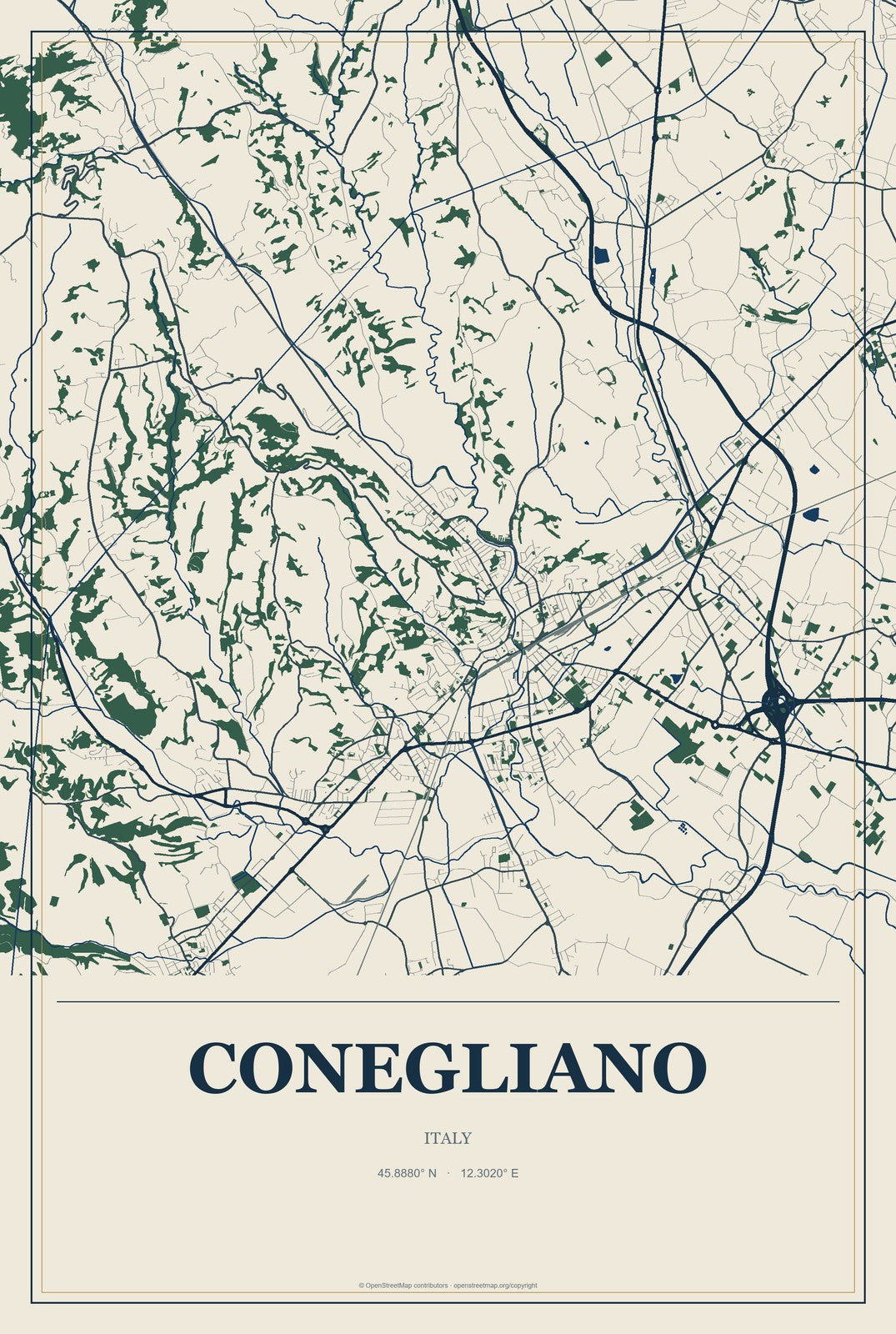 Conegliano, Italy City Map Aluminum Sign in Coastal Cutout style