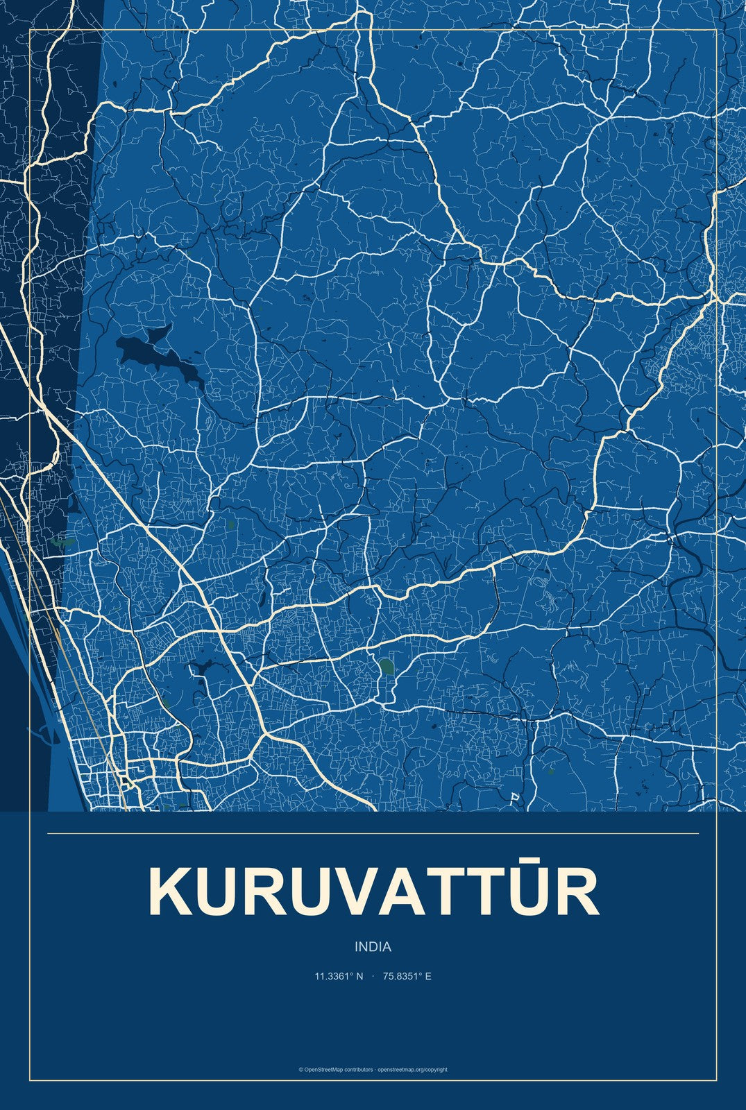 Kuruvattūr, India City Map Aluminum Sign in Harbor Cobalt style
