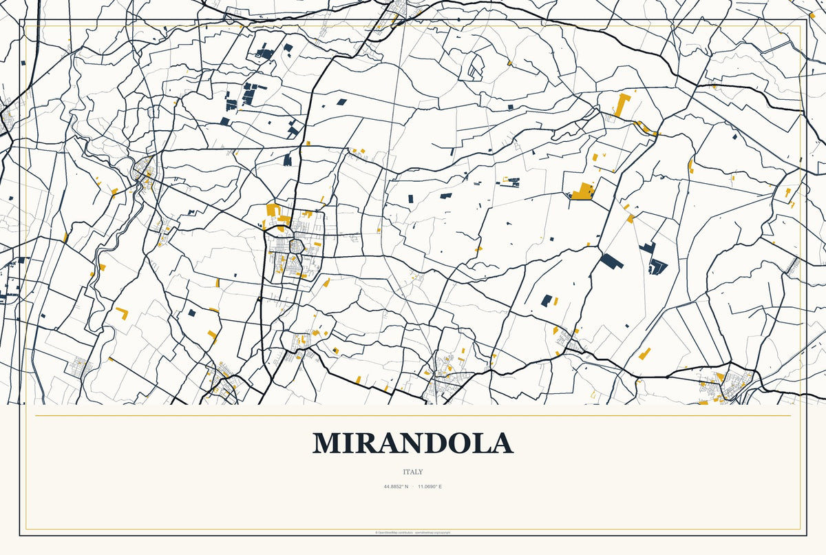 Mirandola, Italy City Map Aluminum Sign in Citrine Modern style