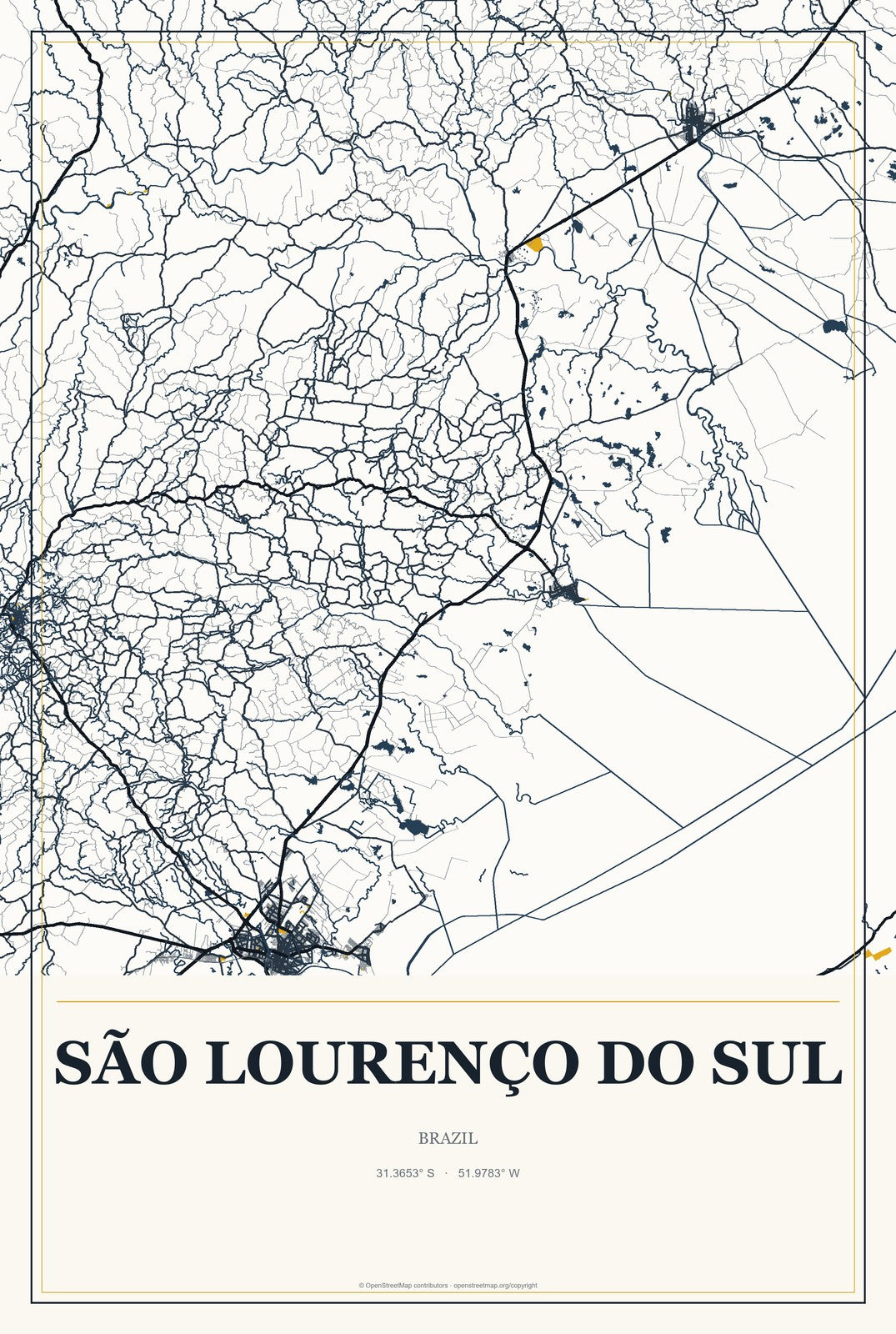 São Lourenço do Sul, Brazil City Map Aluminum Sign in Citrine Modern style
