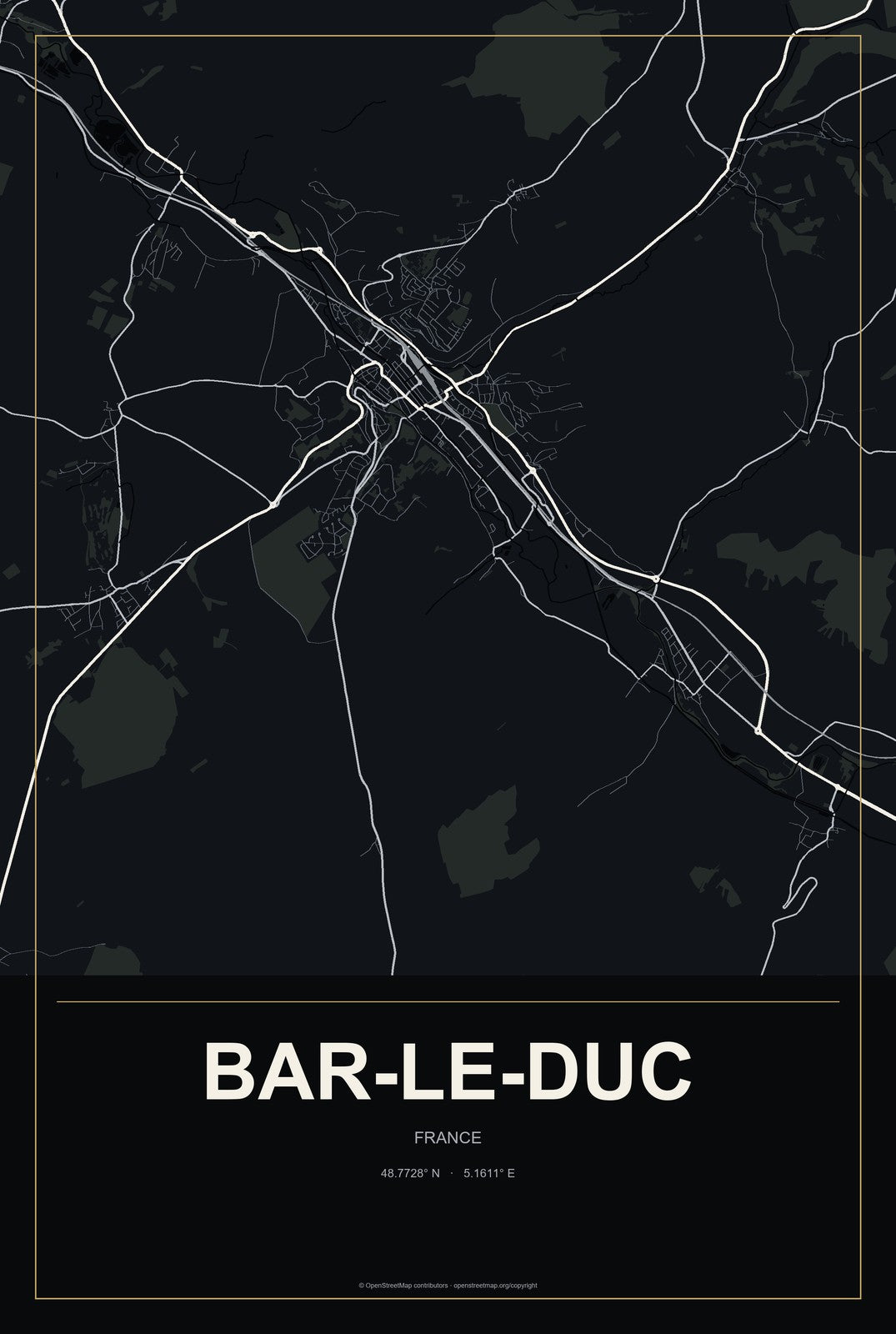 Bar-le-Duc, France City Map Aluminum Sign in Metropolitan Noir style