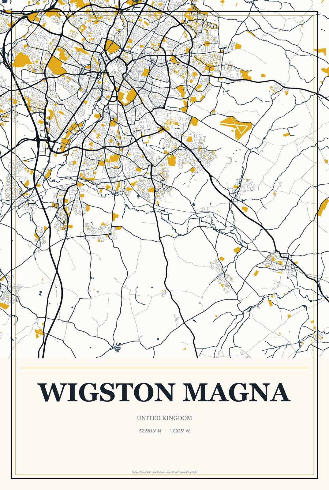 Wigston Magna, United Kingdom City Map Aluminum Sign in Citrine Modern style