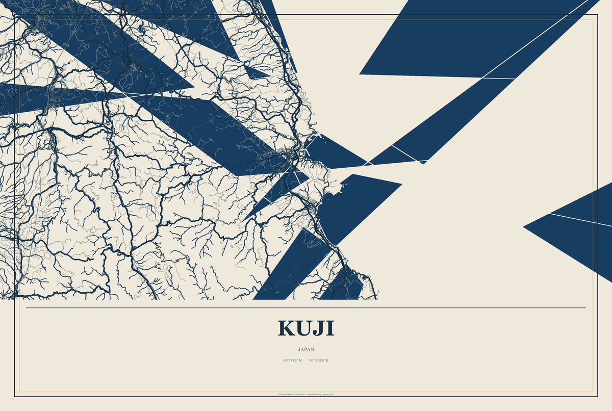 Kuji, Japan City Map Aluminum Sign in Coastal Cutout style