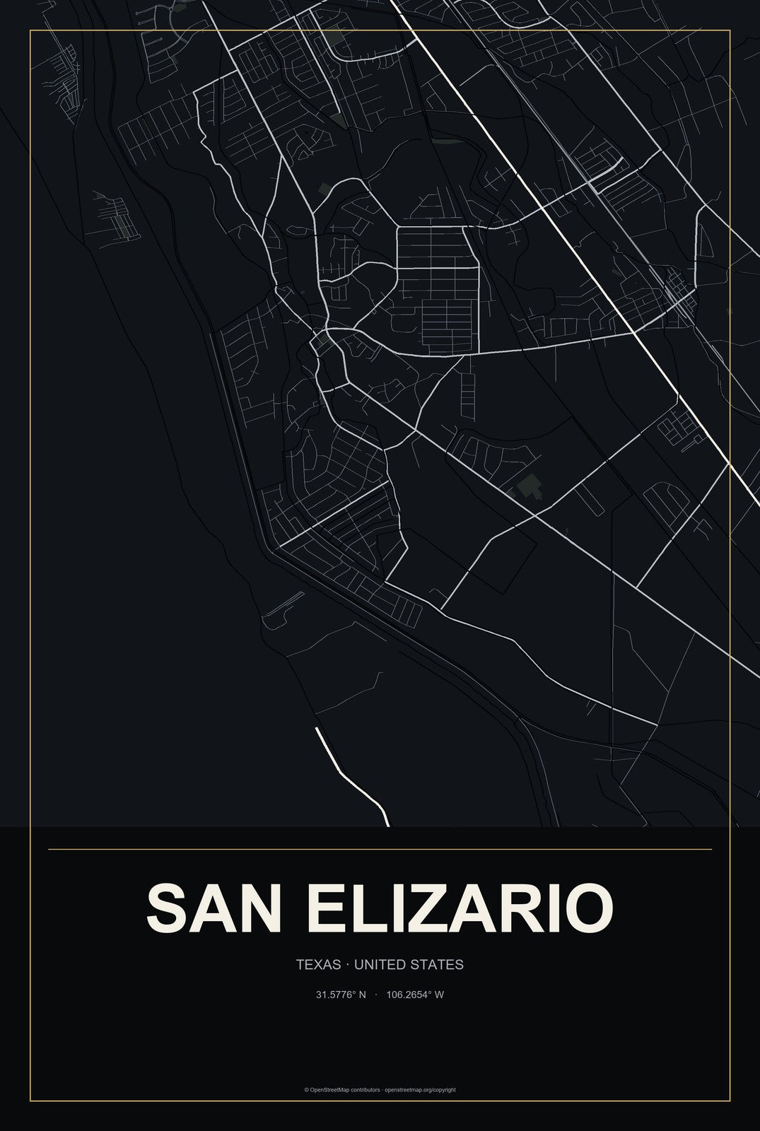 San Elizario, Texas City Map Aluminum Sign in Metropolitan Noir style