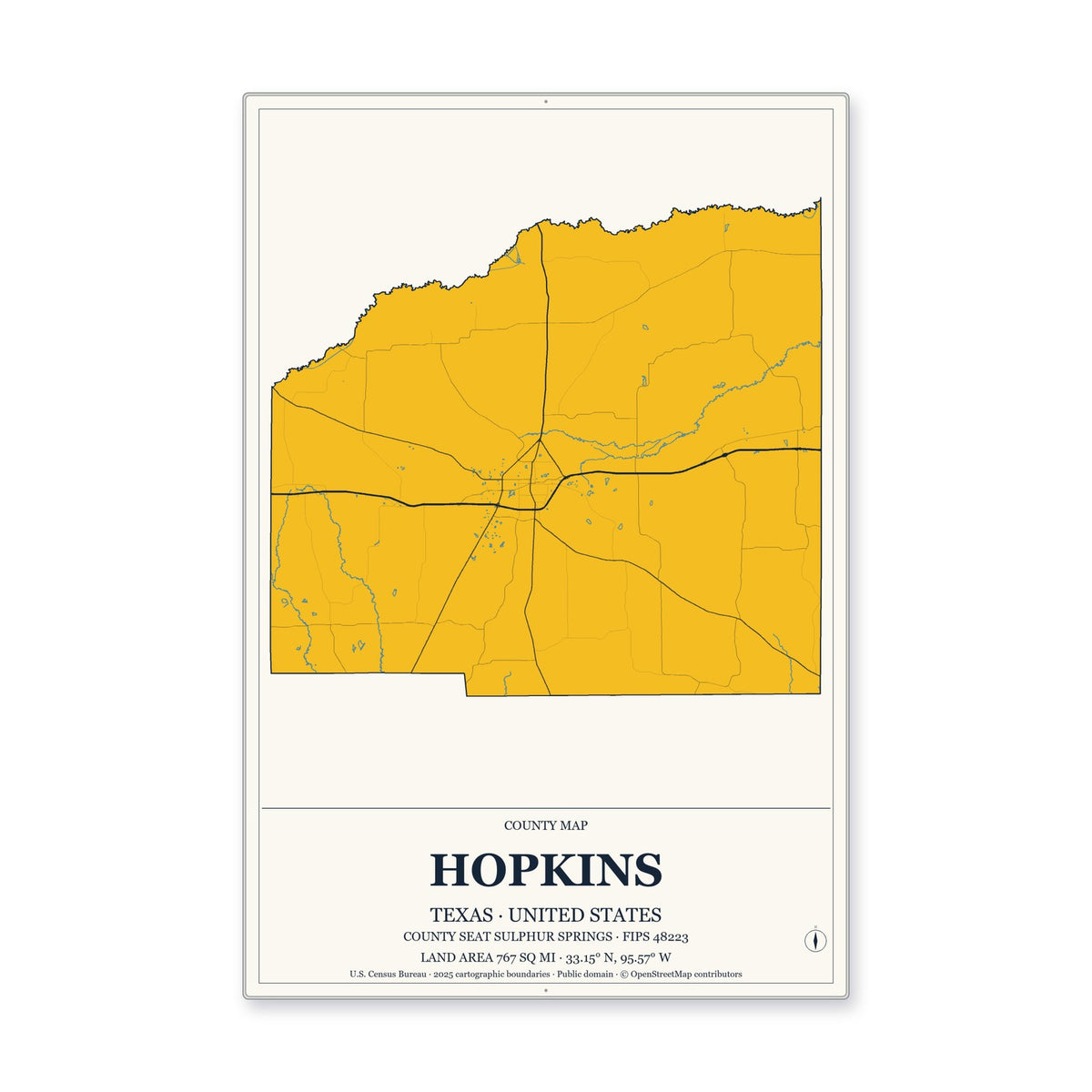 Hopkins County, Texas Map Aluminum Sign in Citrine Modern style