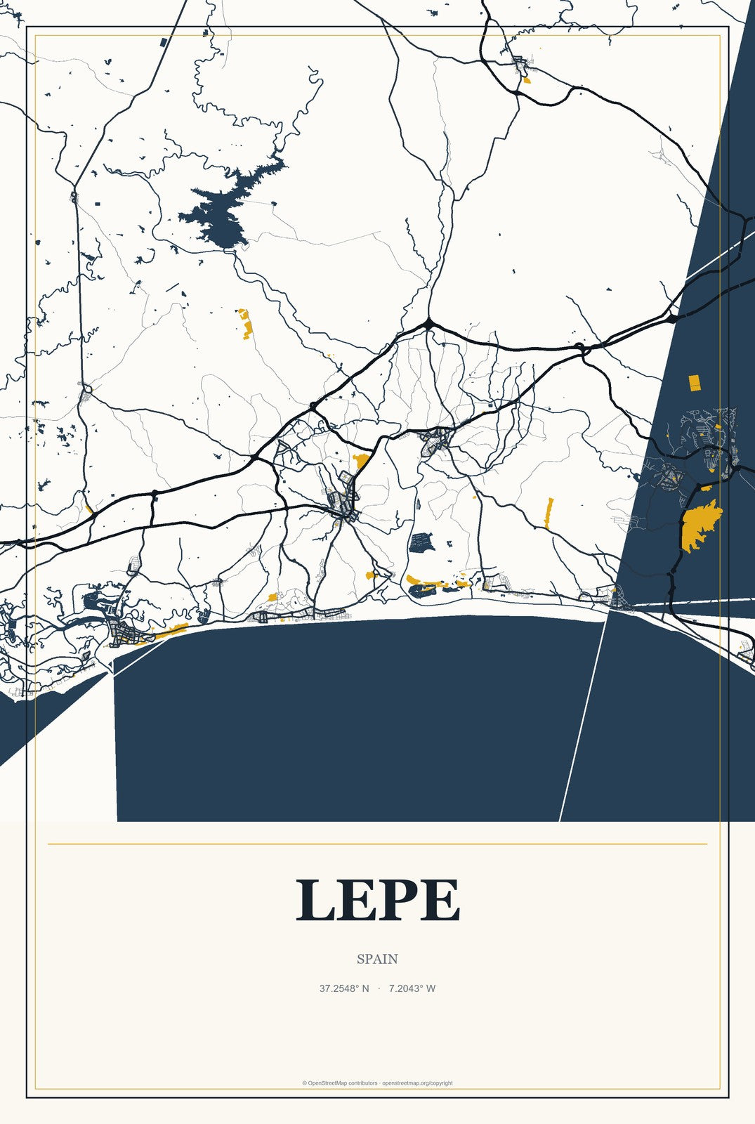 Lepe, Spain City Map Aluminum Sign in Citrine Modern style