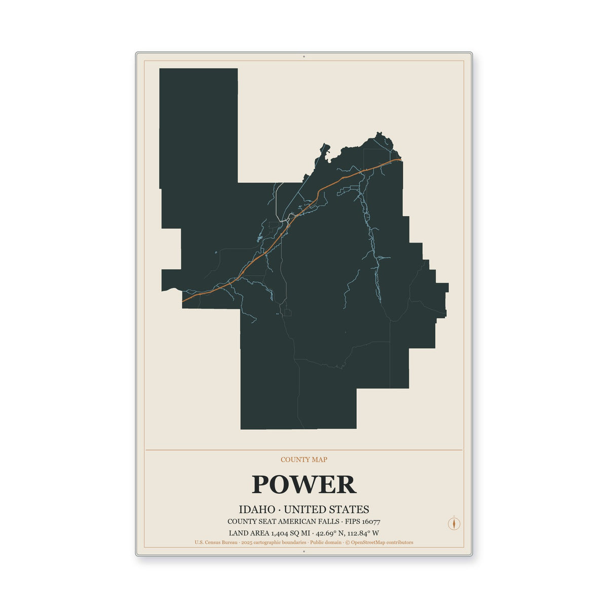 Power County, Idaho Map Aluminum Sign in Headline Atlas style