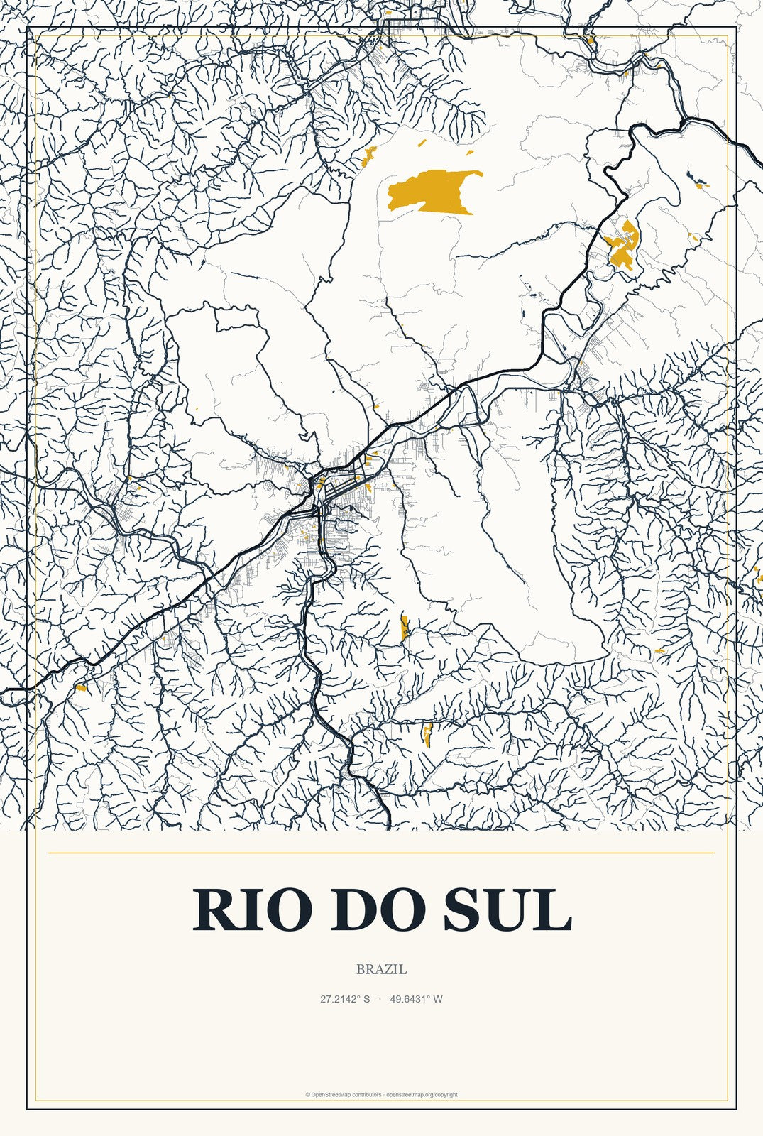 Rio do Sul, Brazil City Map Aluminum Sign in Citrine Modern style