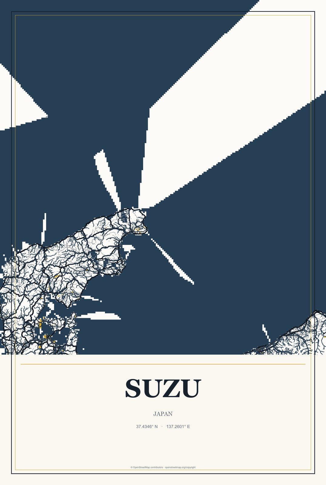 Suzu, Japan City Map Aluminum Sign in Citrine Modern style