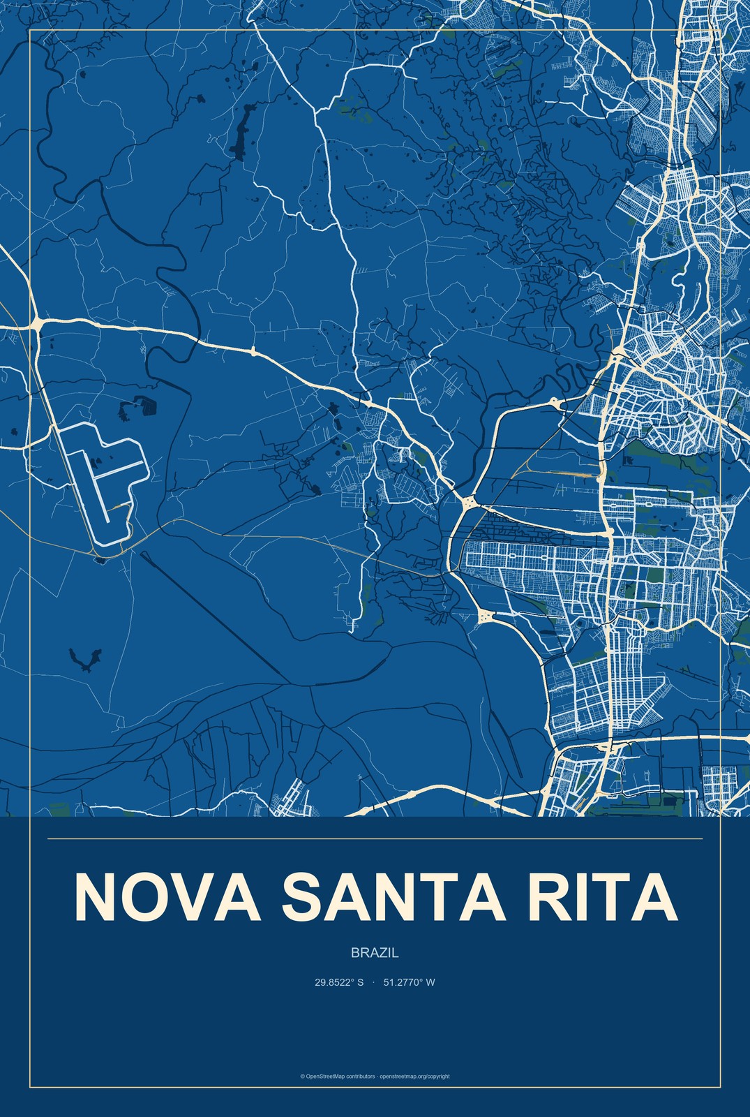Nova Santa Rita, Brazil City Map Aluminum Sign in Harbor Cobalt style