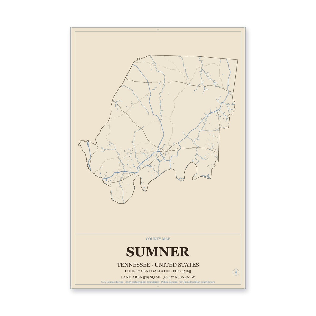 Sumner County, Tennessee Map Aluminum Sign in Heritage Nautical style