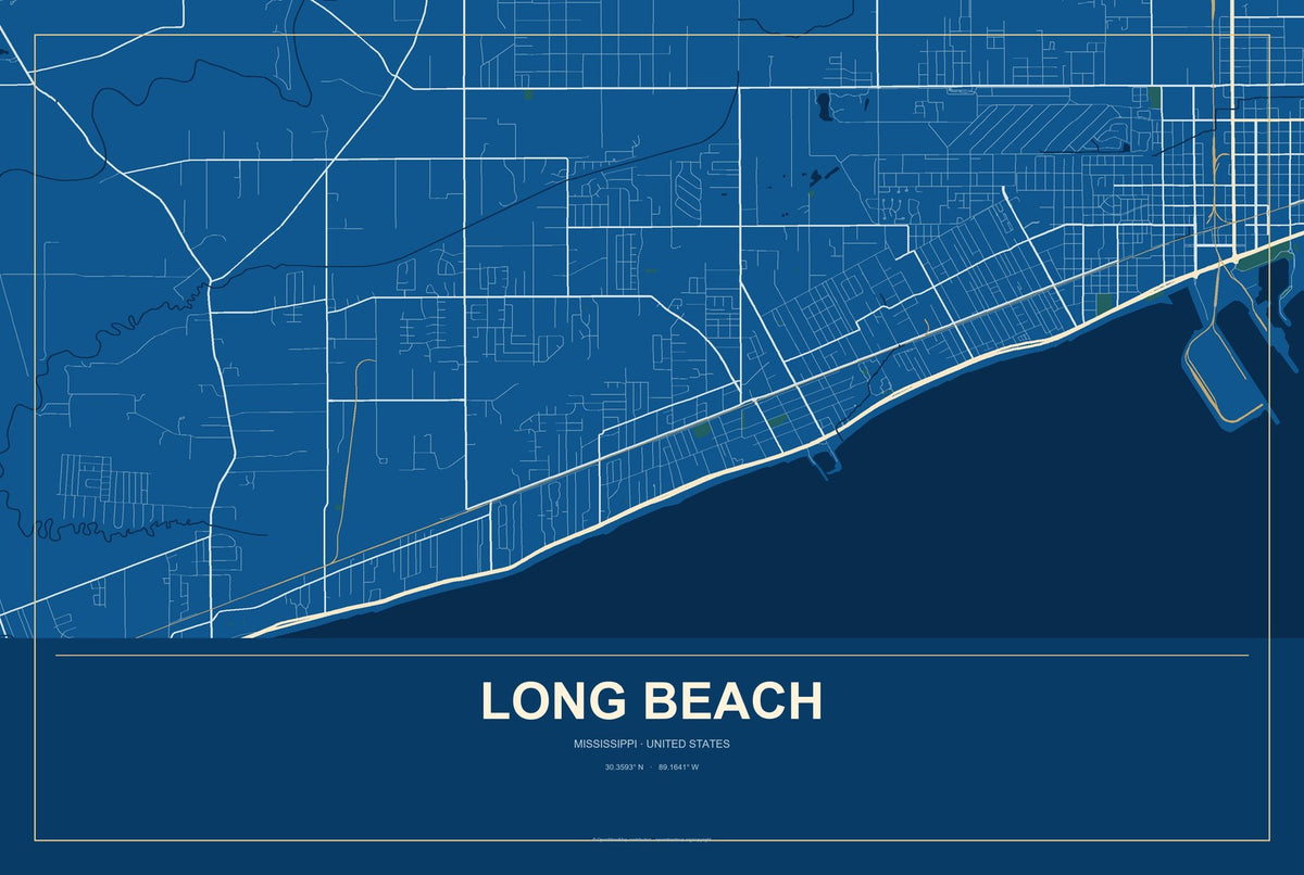 Long Beach, Mississippi City Map Aluminum Sign in Harbor Cobalt style