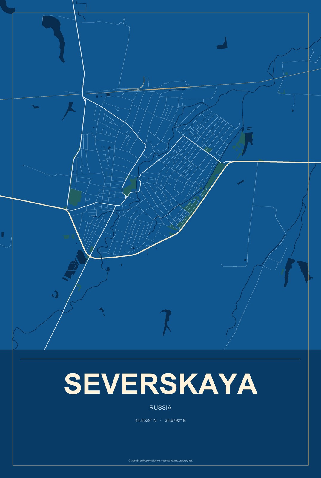 Severskaya, Russia City Map Aluminum Sign in Harbor Cobalt style