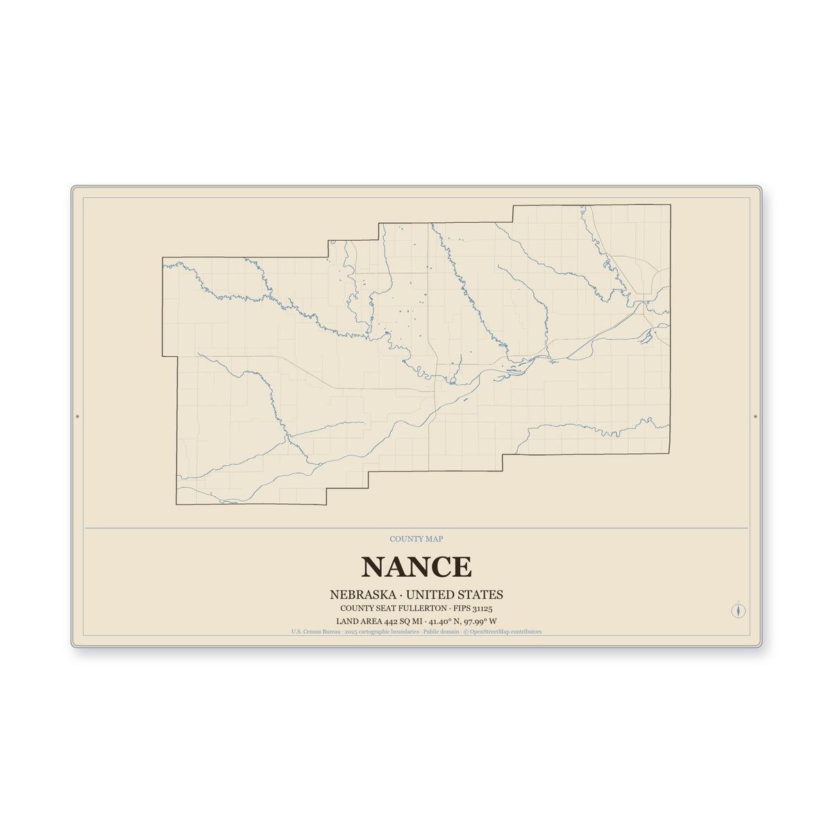 Nance County, Nebraska Map Aluminum Sign in Heritage Nautical style