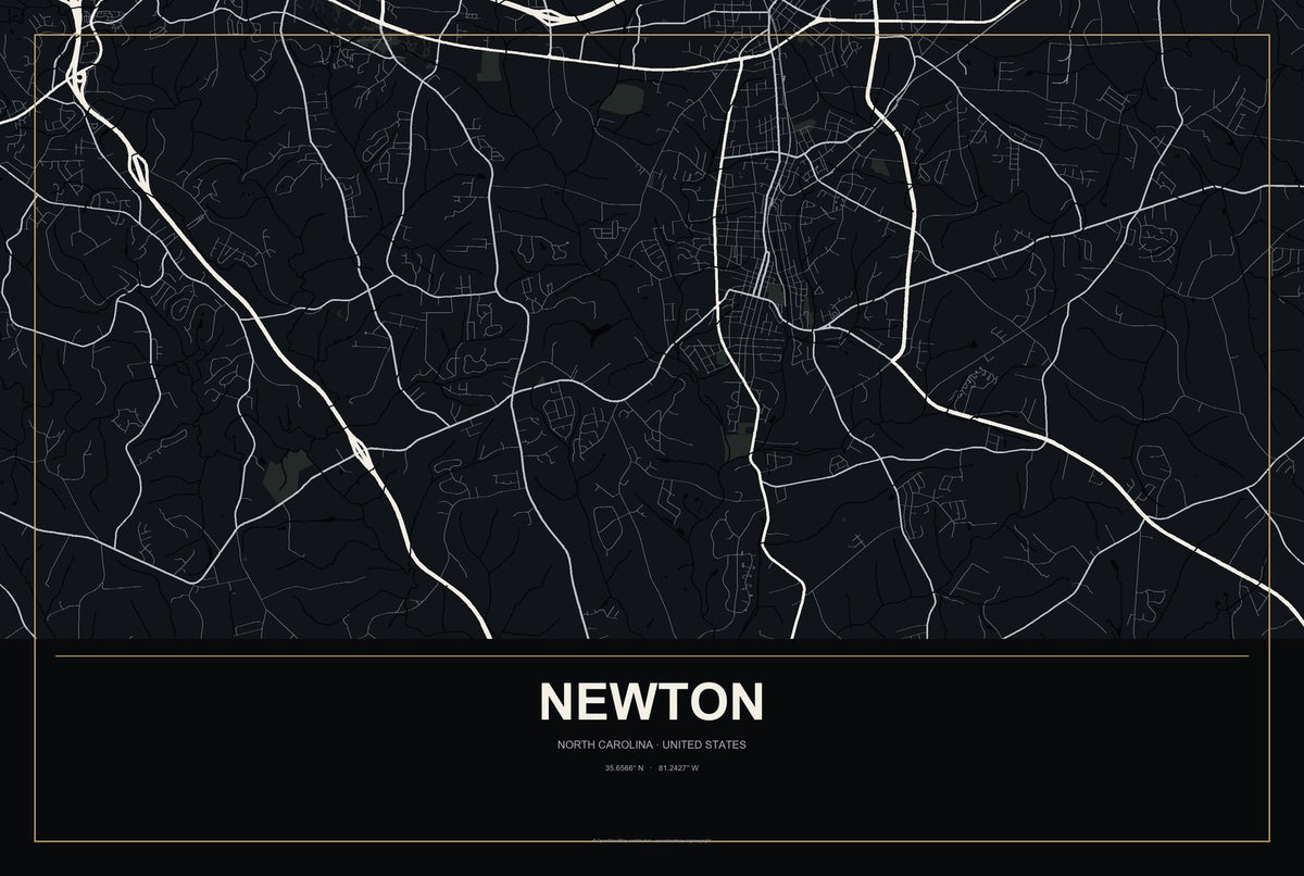 Newton, North Carolina City Map Aluminum Sign in Metropolitan Noir style