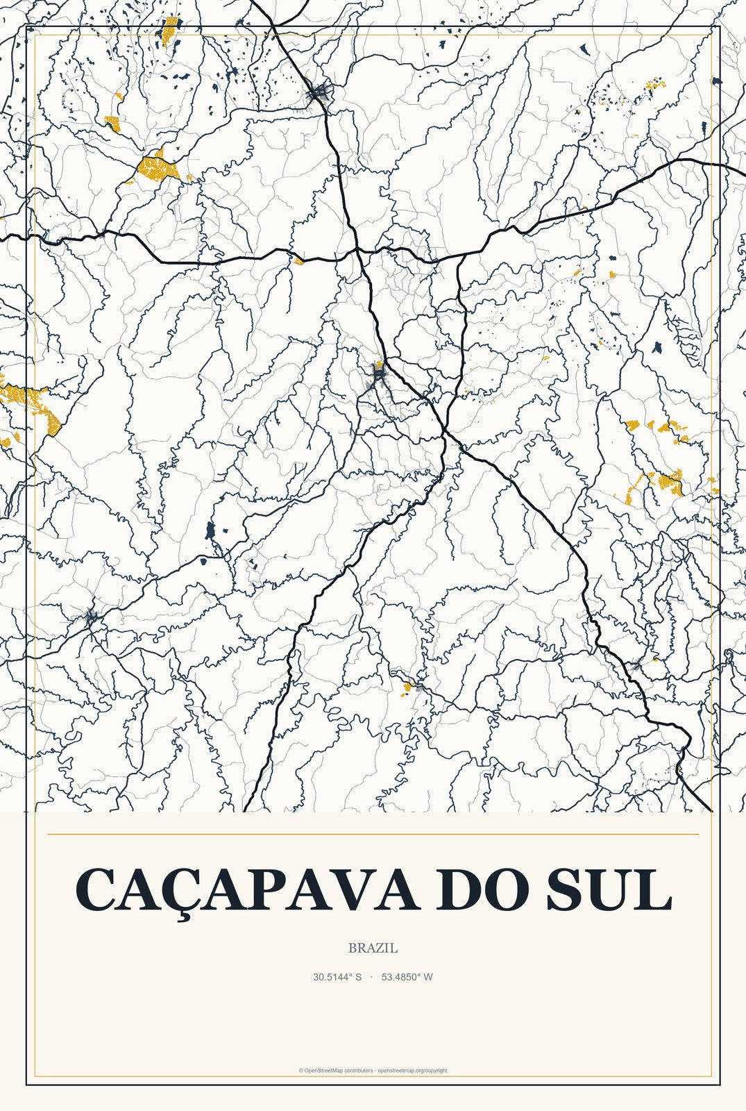 Caçapava do Sul, Brazil City Map Aluminum Sign in Citrine Modern style