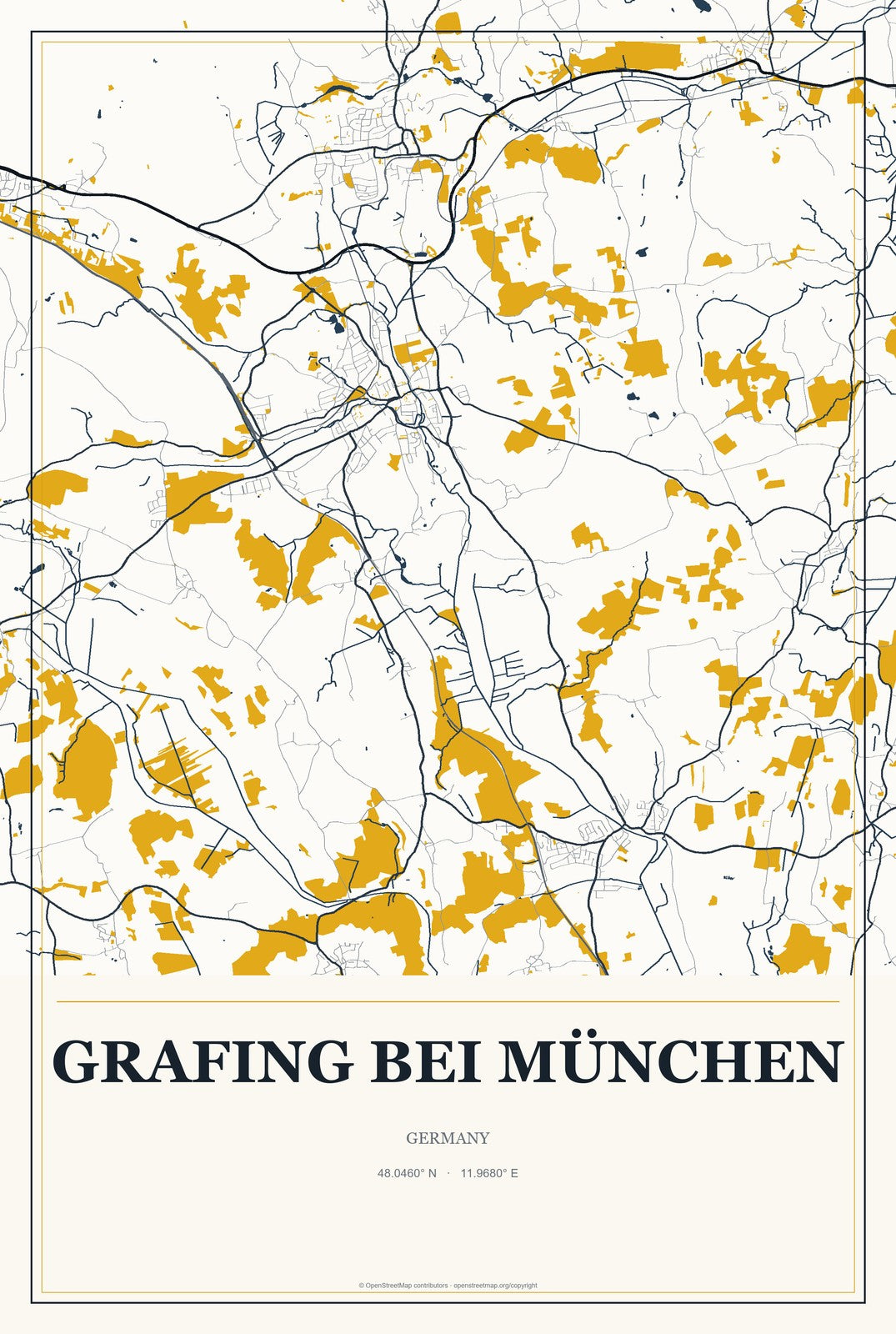 Grafing bei München, Germany City Map Aluminum Sign in Citrine Modern style