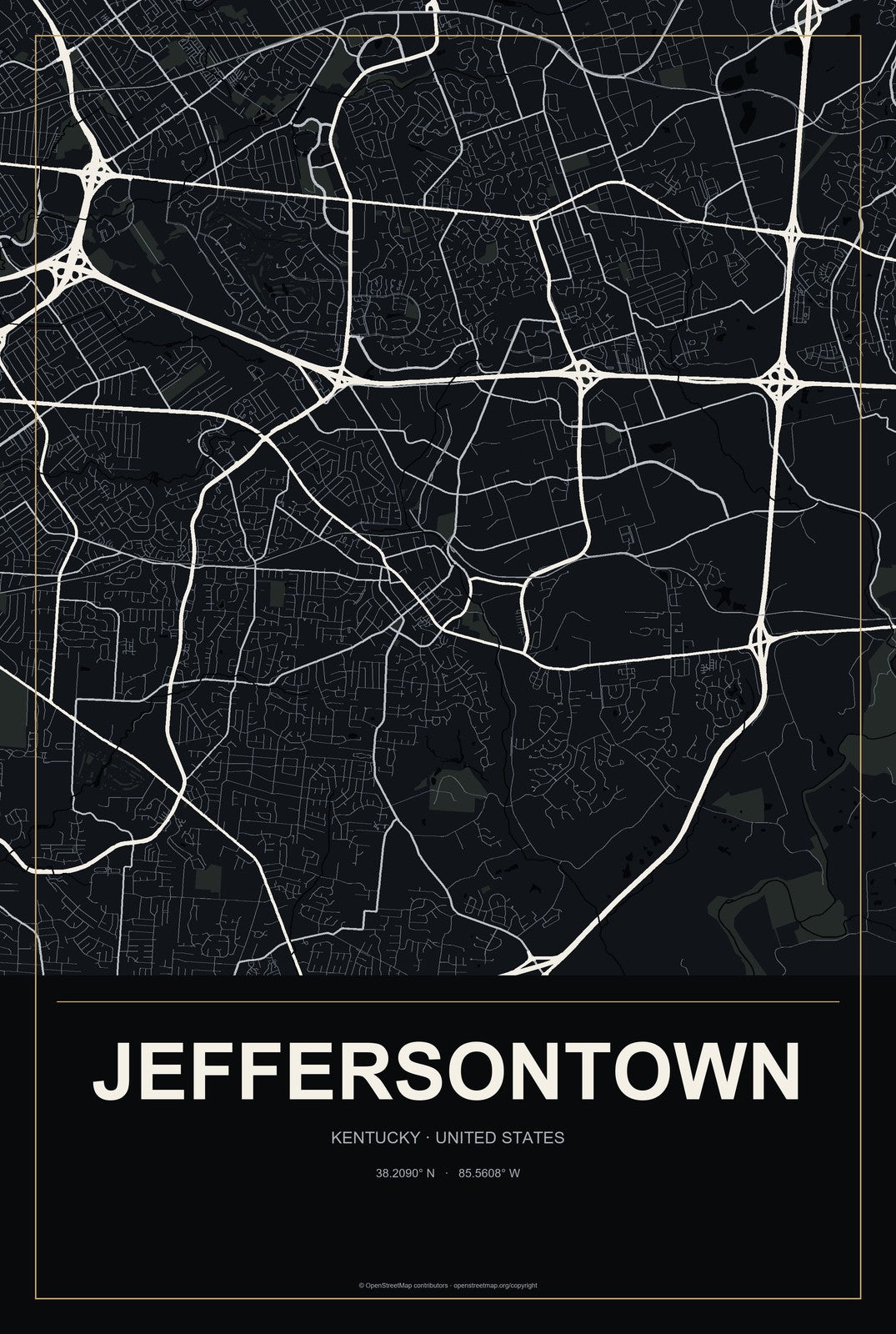 Jeffersontown, Kentucky City Map Aluminum Sign in Metropolitan Noir style