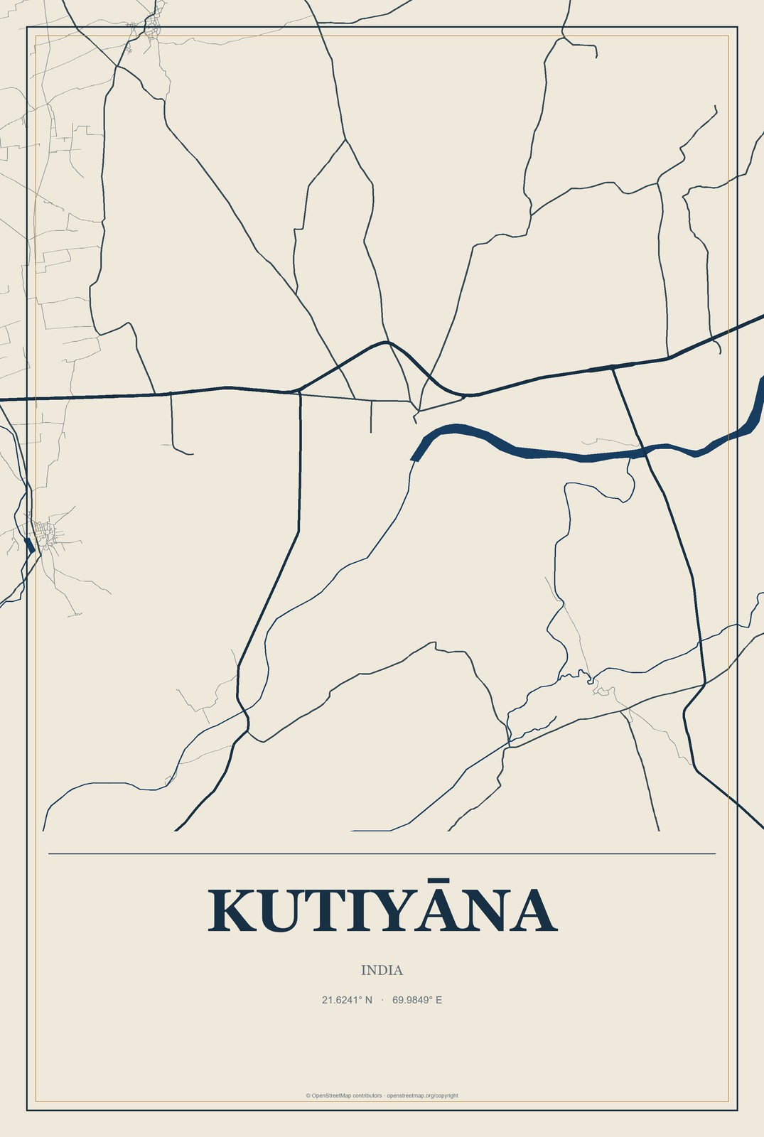 Kutiyāna, India City Map Aluminum Sign in Coastal Cutout style