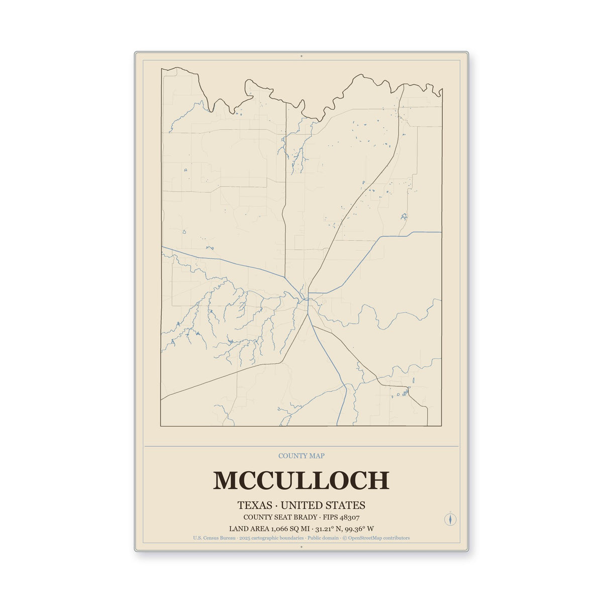 McCulloch County, Texas Map Aluminum Sign in Heritage Nautical style