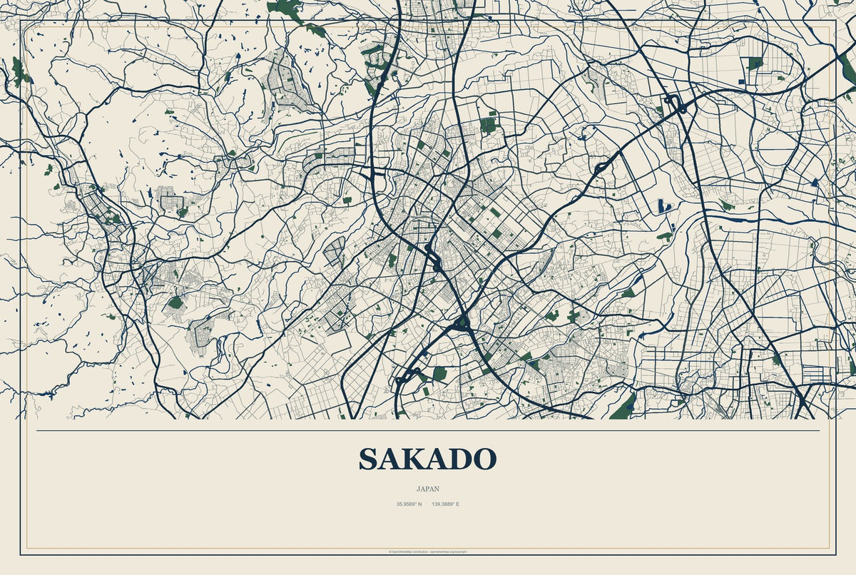 Sakado, Japan City Map Aluminum Sign in Coastal Cutout style