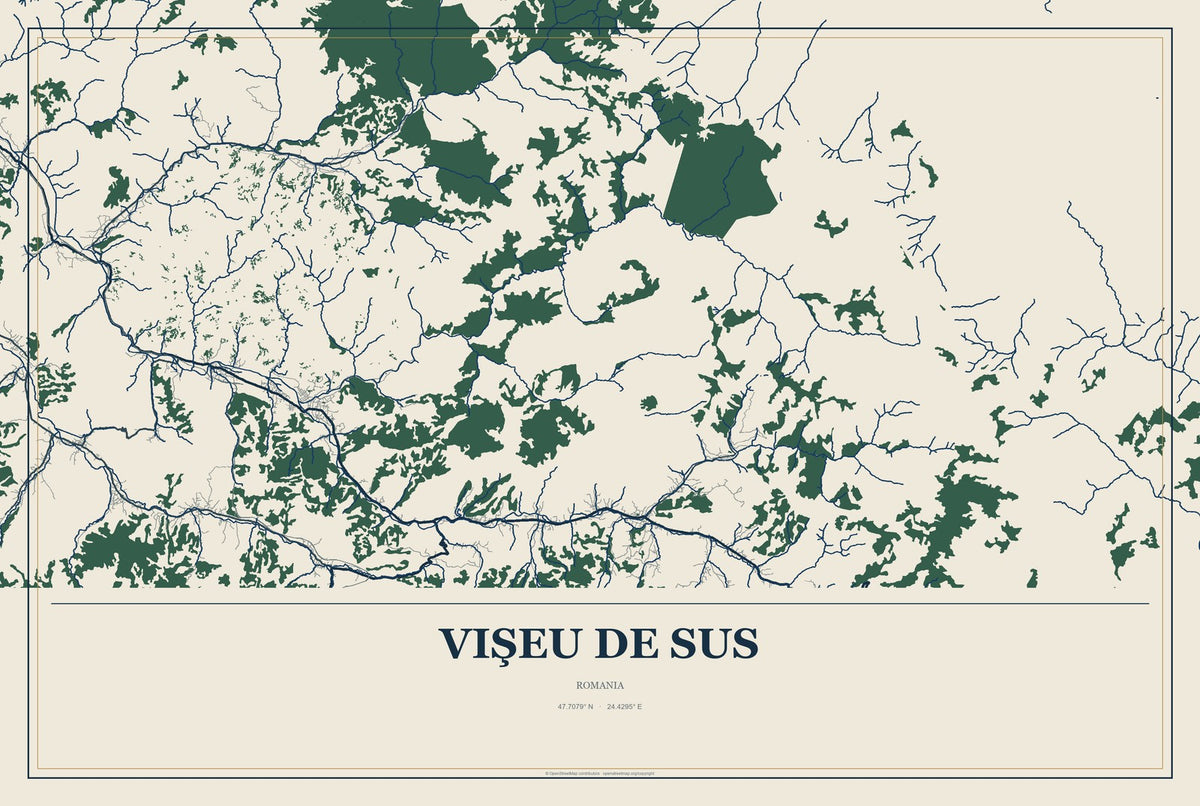 Vişeu de Sus, Romania City Map Aluminum Sign in Coastal Cutout style