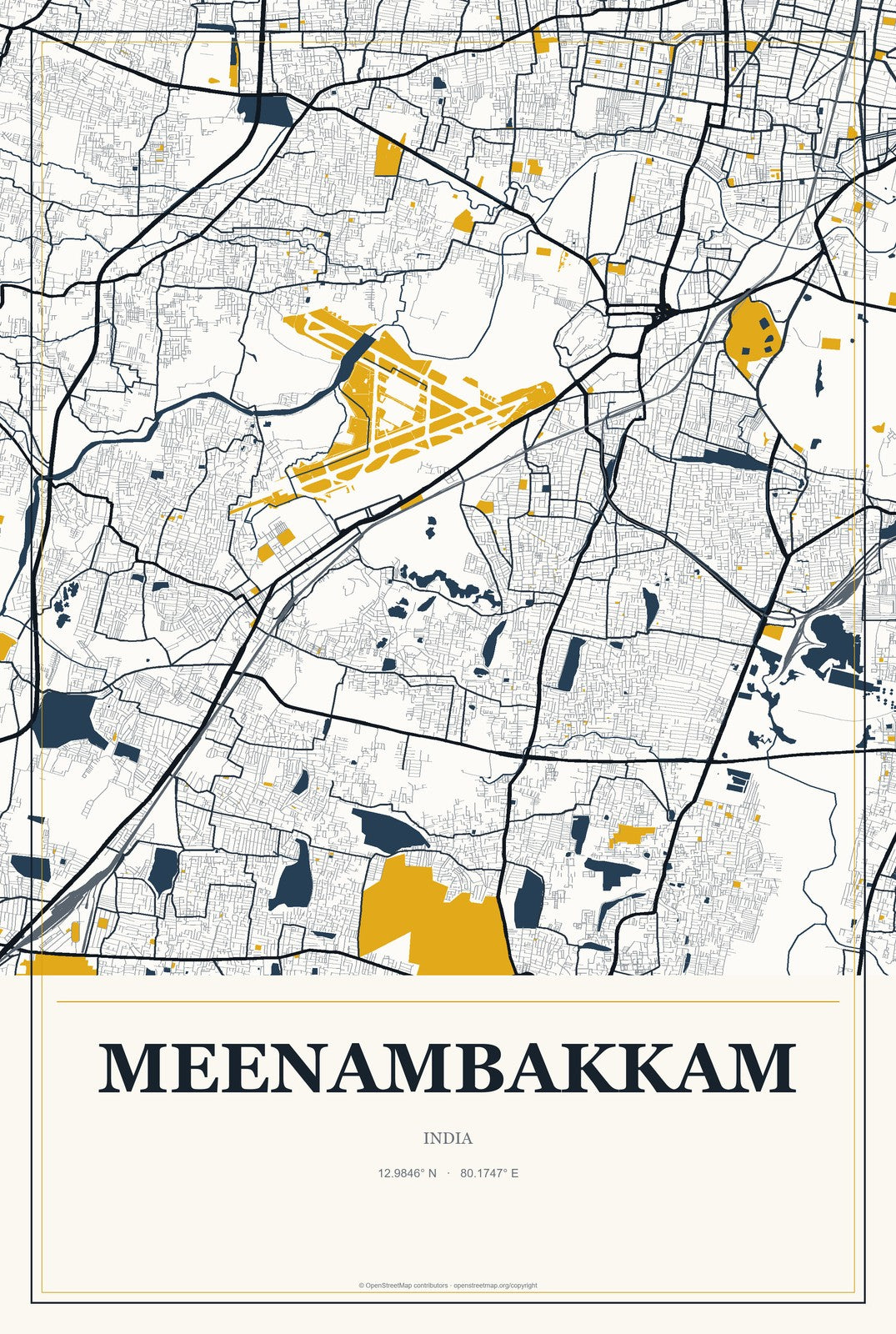Meenambakkam, India City Map Aluminum Sign in Citrine Modern style