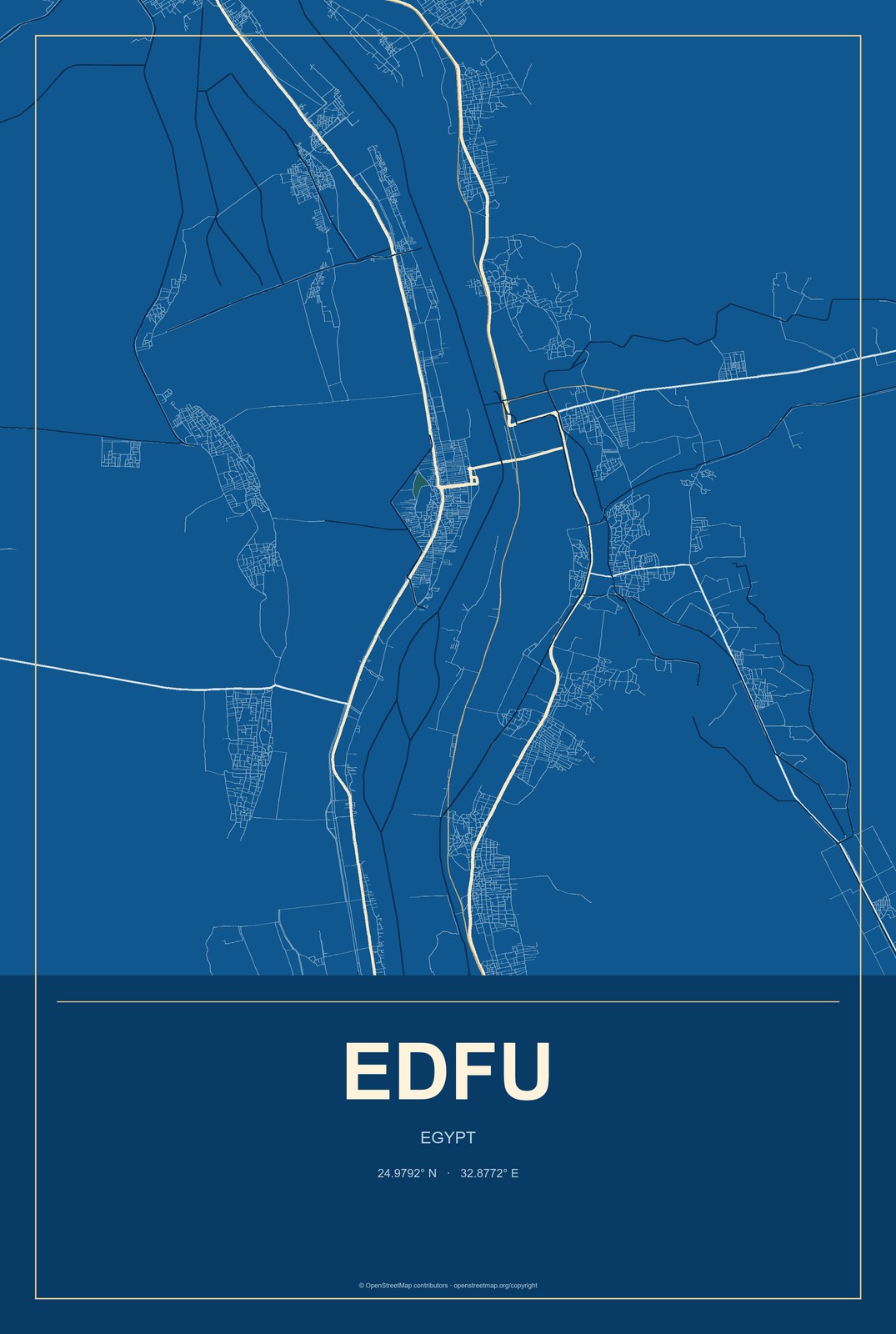 Edfu, Egypt City Map Aluminum Sign in Harbor Cobalt style