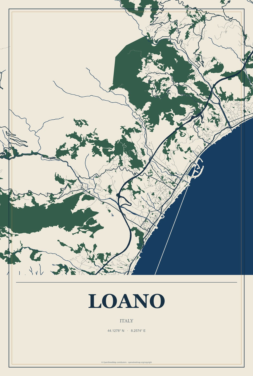 Loano, Italy City Map Aluminum Sign in Coastal Cutout style