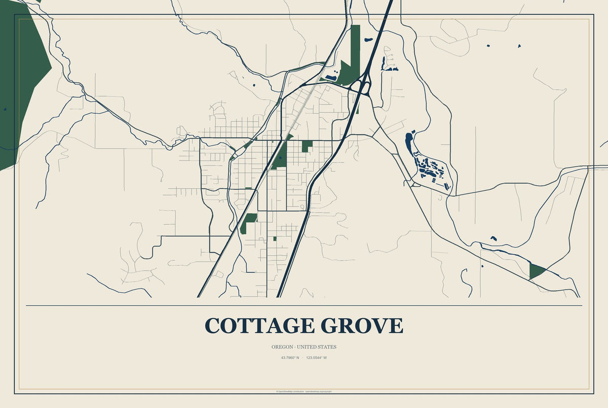 Cottage Grove, Oregon City Map Aluminum Sign in Coastal Cutout style