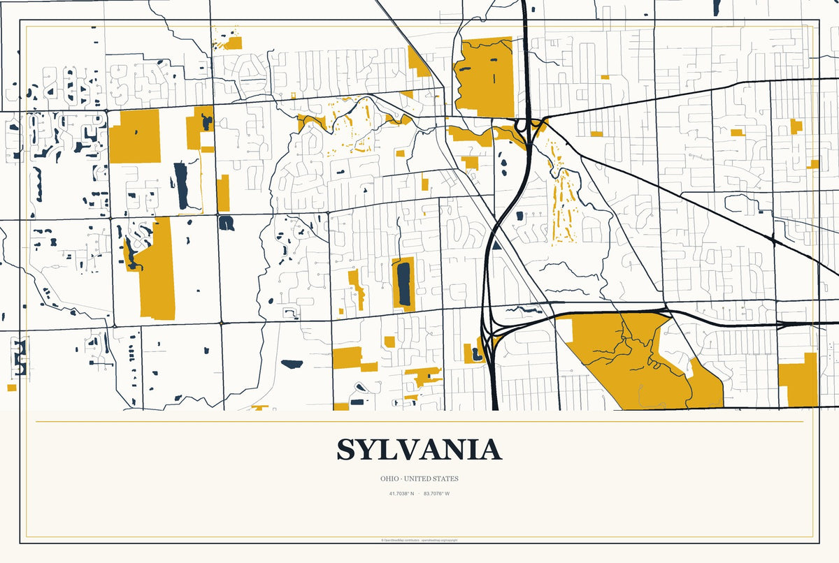 Sylvania, Ohio City Map Aluminum Sign in Citrine Modern style