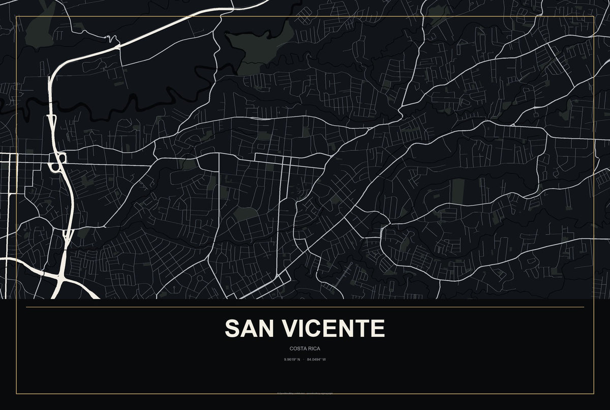 San Vicente, Costa Rica City Map Aluminum Sign in Metropolitan Noir style
