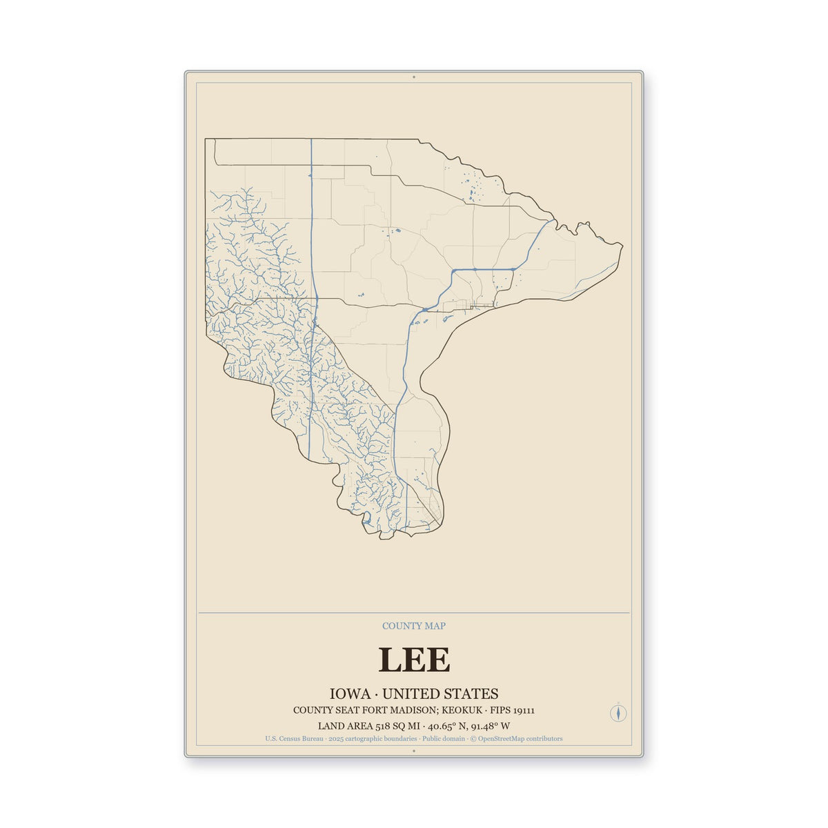 Lee County, Iowa Map Aluminum Sign in Heritage Nautical style
