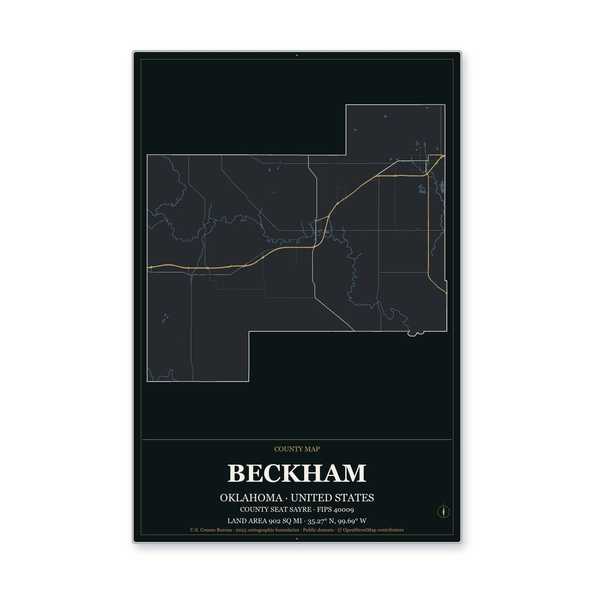 Beckham County, Oklahoma Map Aluminum Sign in Metropolitan Noir style