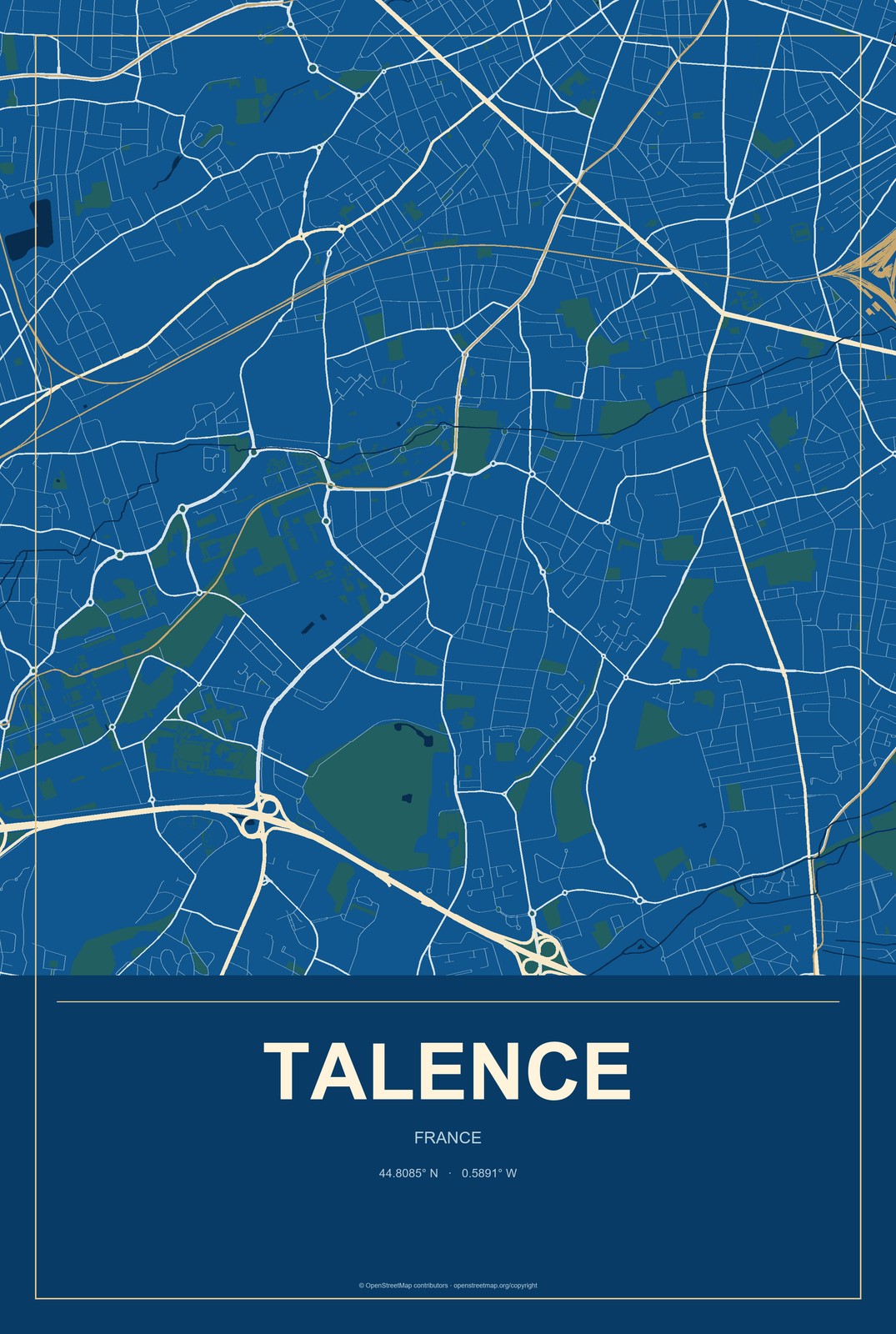 Talence, France City Map Aluminum Sign in Harbor Cobalt style