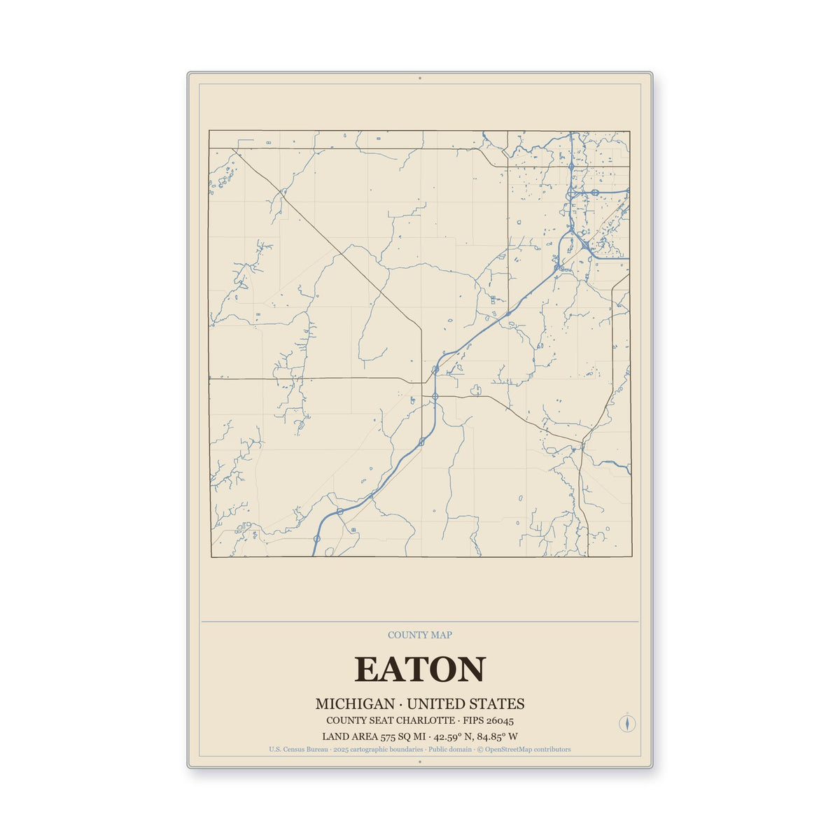 Eaton County, Michigan Map Aluminum Sign in Heritage Nautical style
