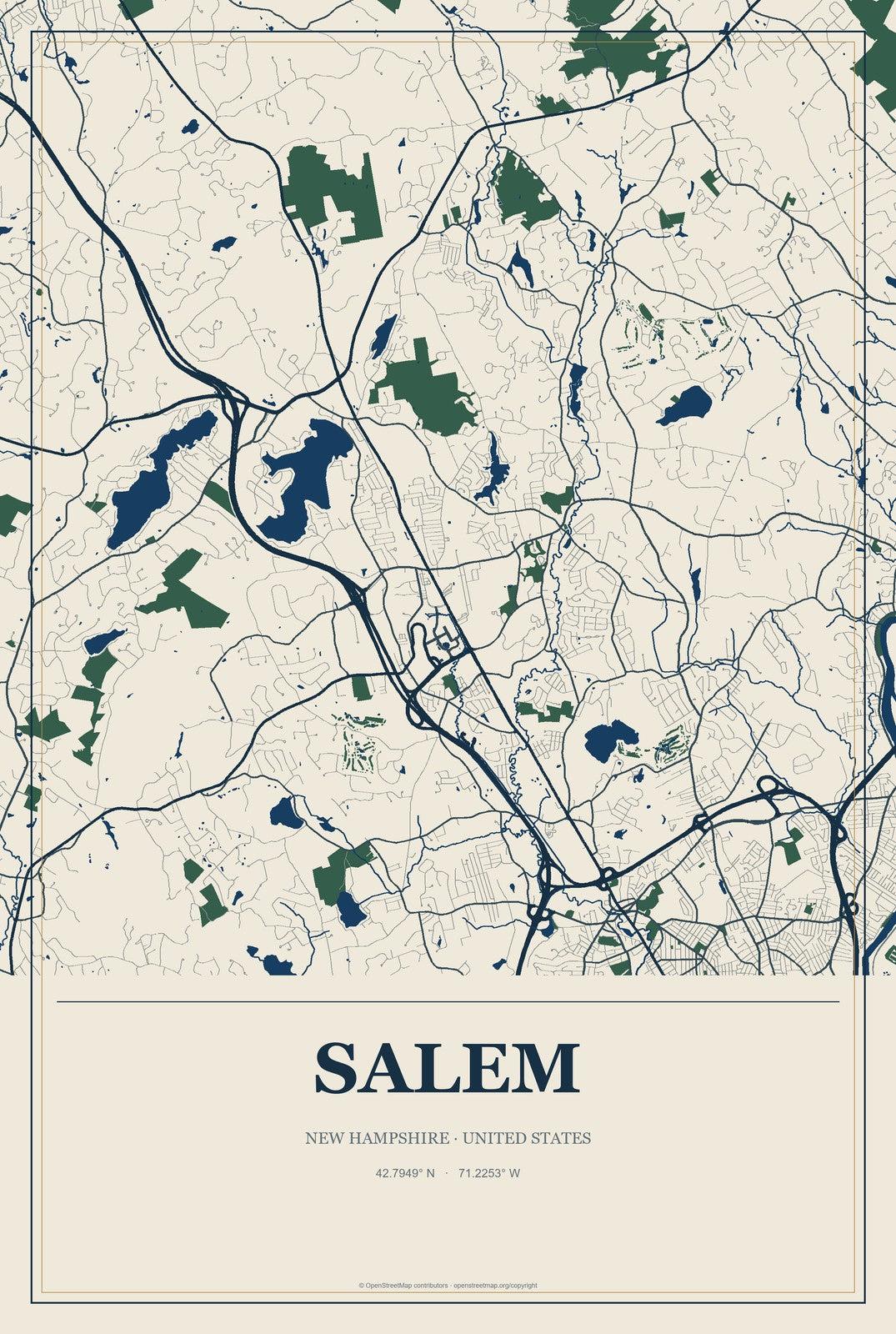 Salem, New Hampshire City Map Aluminum Sign in Coastal Cutout style