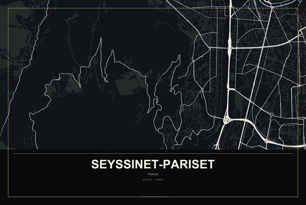 Seyssinet-Pariset, France City Map Aluminum Sign in Metropolitan Noir style