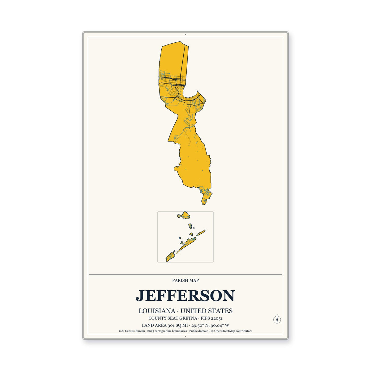 Jefferson Parish, Louisiana Map Aluminum Sign in Citrine Modern style