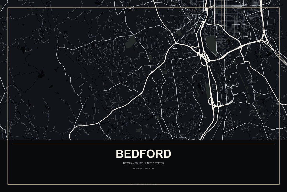 Bedford, New Hampshire City Map Aluminum Sign in Metropolitan Noir style