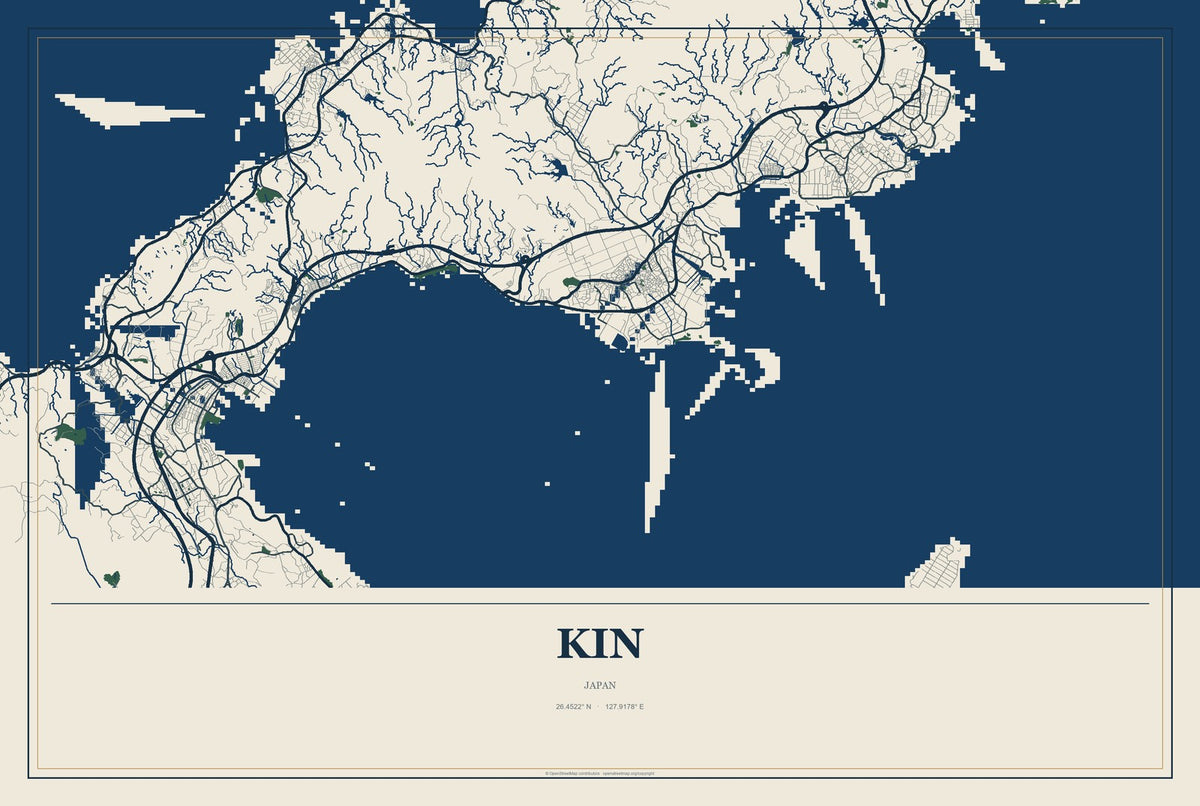 Kin, Japan City Map Aluminum Sign in Coastal Cutout style