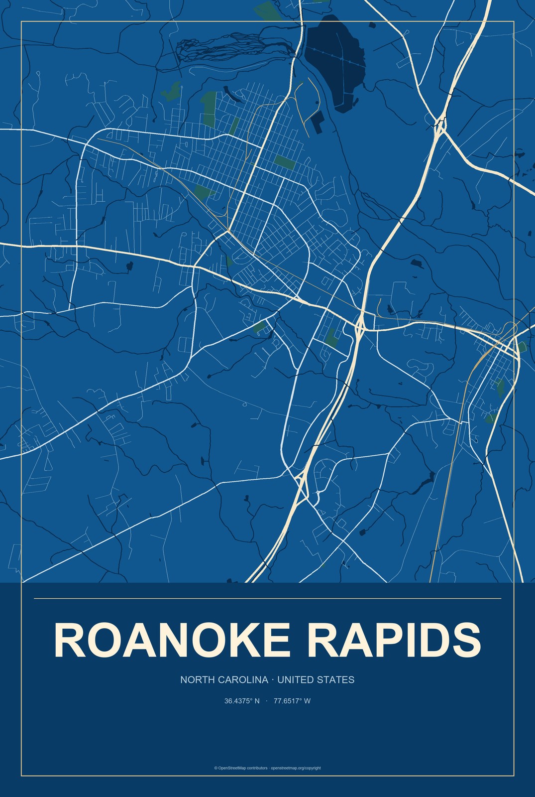 Roanoke Rapids, North Carolina City Map Aluminum Sign in Harbor Cobalt style